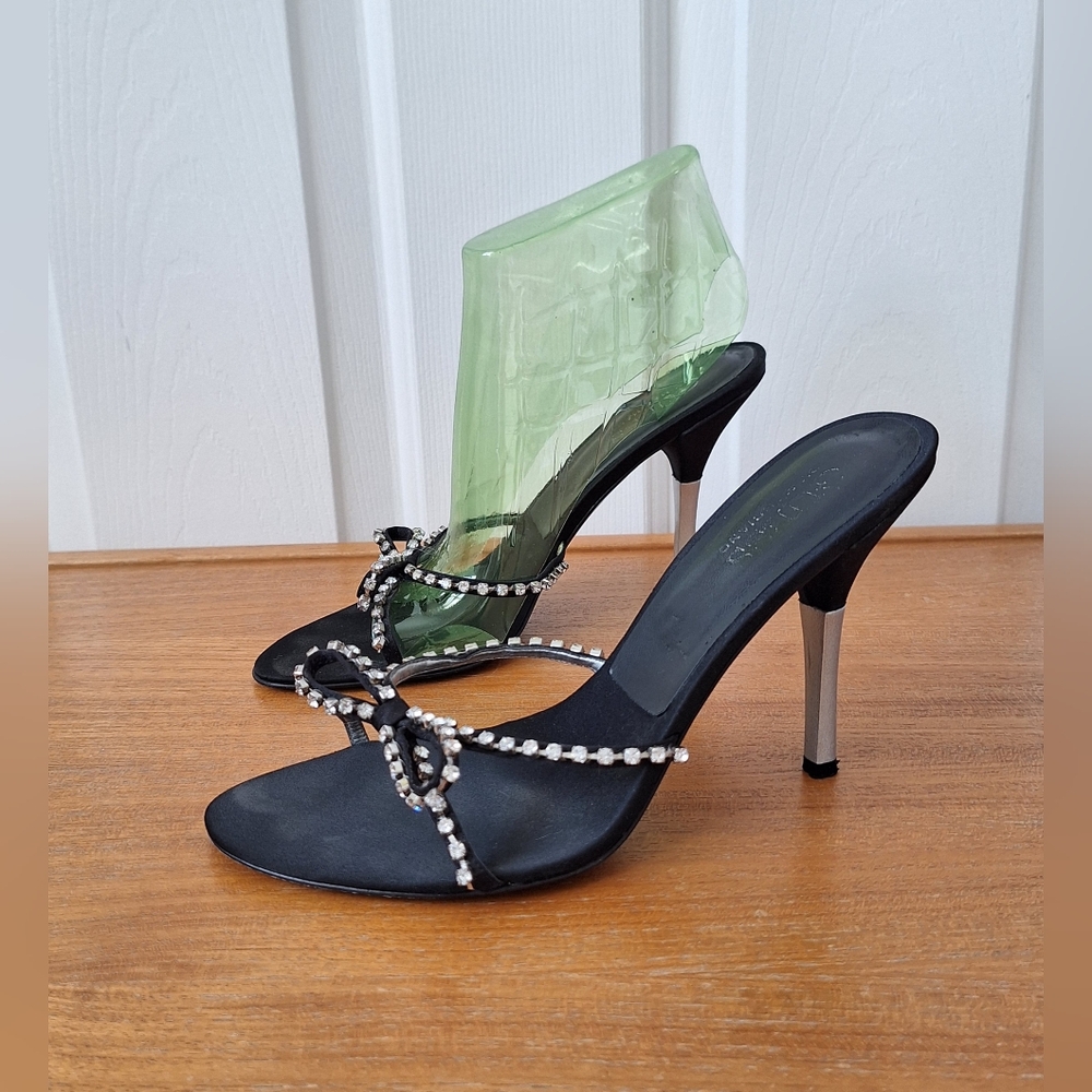 Guess Rhinestone Slide Heels Embellished Bow Sparkle Coquette Evening Black 6.5